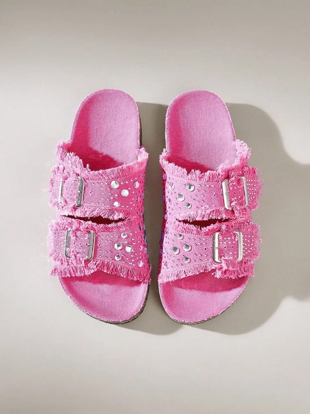 Hot Pink Casual Women's Round Toe Fringed Rhinestone Double Buckle Flat Shoes